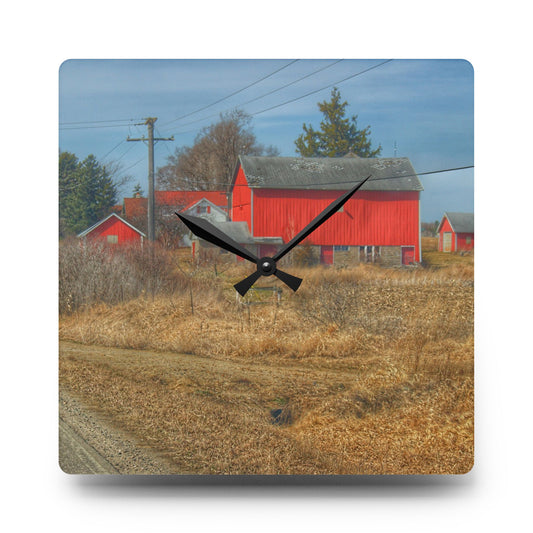 West Brown Road Red Rustic Farmhouse Acrylic Analog Wall Clock 10.75'' × 10.75'' (Square)