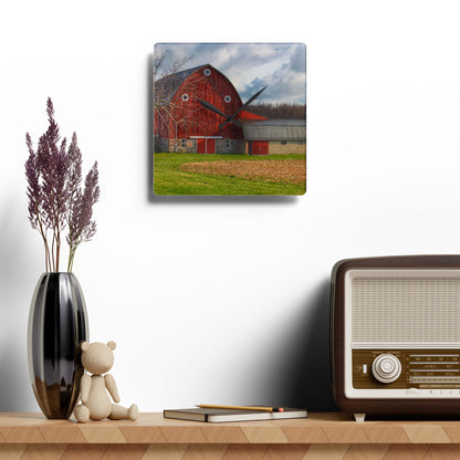 U R There Photography Clear Lake Road Fieldstone Red Rustic Farmhouse Wall Clock