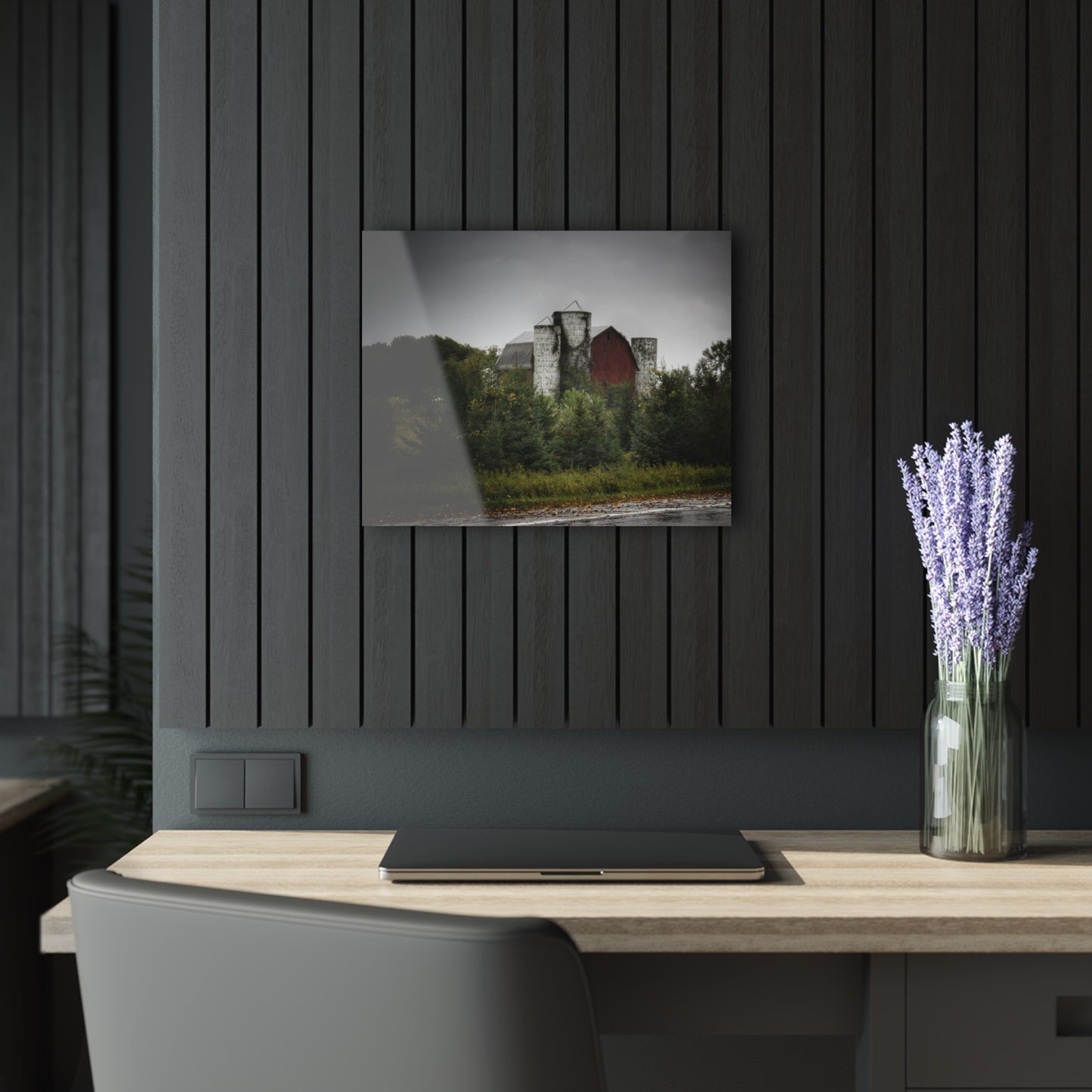 U R There Photography Castle Road Red and Silos in the Rain Rustic Farmhouse Acrylic Wall Print