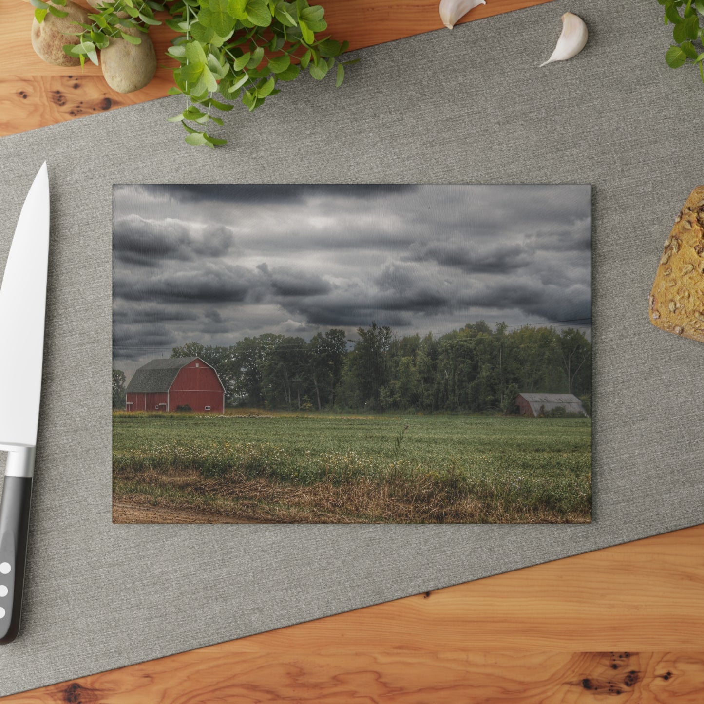 U R There Photography Weyer Road Red and Quonset Rustic Farmhouse Tempered-Glass Cutting Board