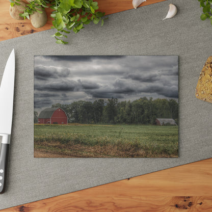 U R There Photography Weyer Road Red and Quonset Rustic Farmhouse Tempered-Glass Cutting Board