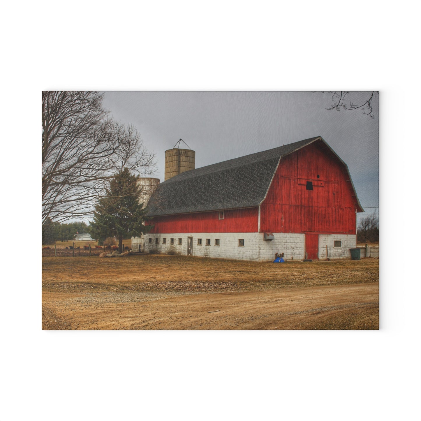 U R There Photography Hunters Creek Red Cow Barn II Rustic Farmhouse Tempered-Glass Cutting Board