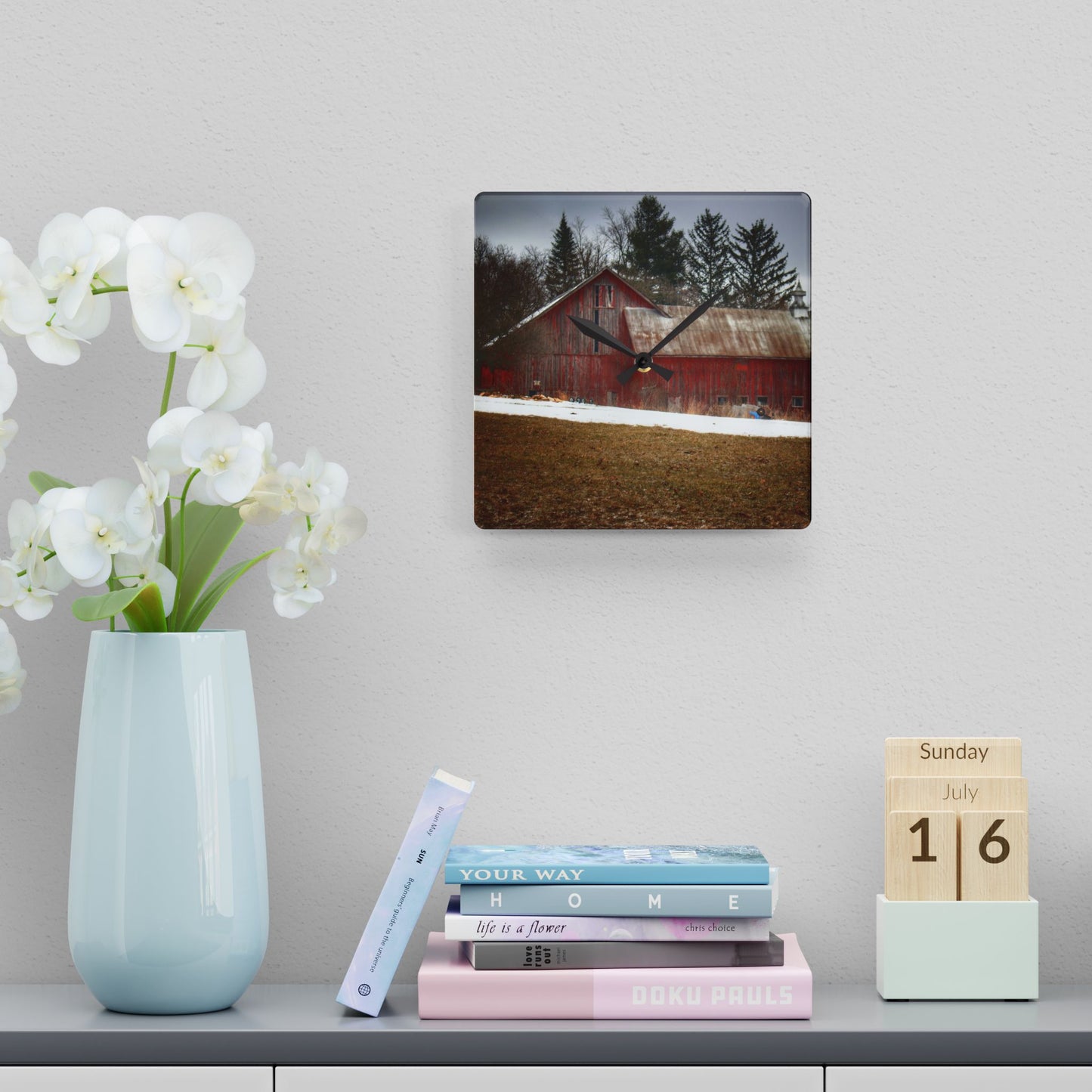 U R There Photography Blacks Corners Road Red Rustic Farmhouse Acrylic Analog Wall Clock