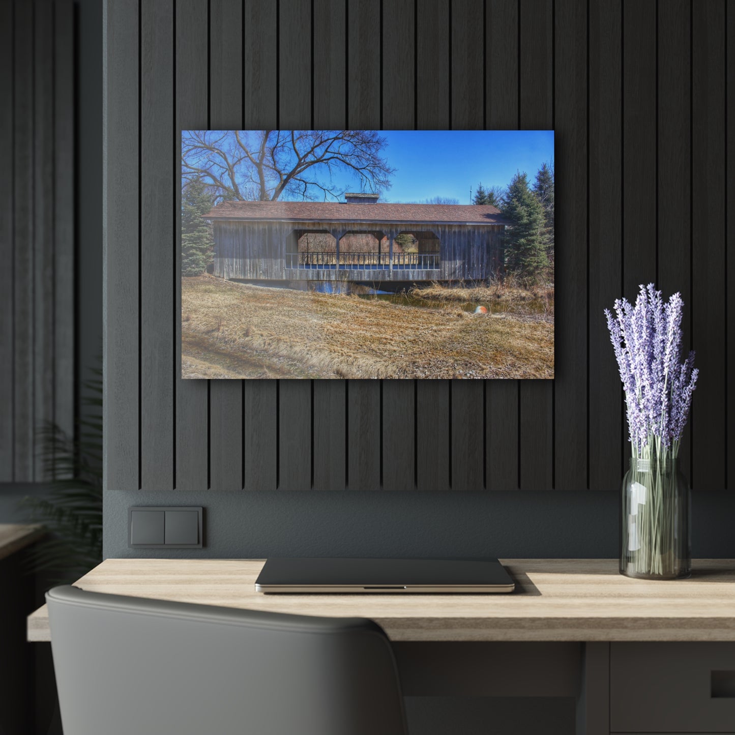 U R There Photography Covered Bridge of Campground Road II Rustic Farmhouse Acrylic Wall Print