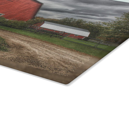 U R There Photography Horton Road Red and Silo Rustic Farmhouse Tempered-Glass Cutting Board