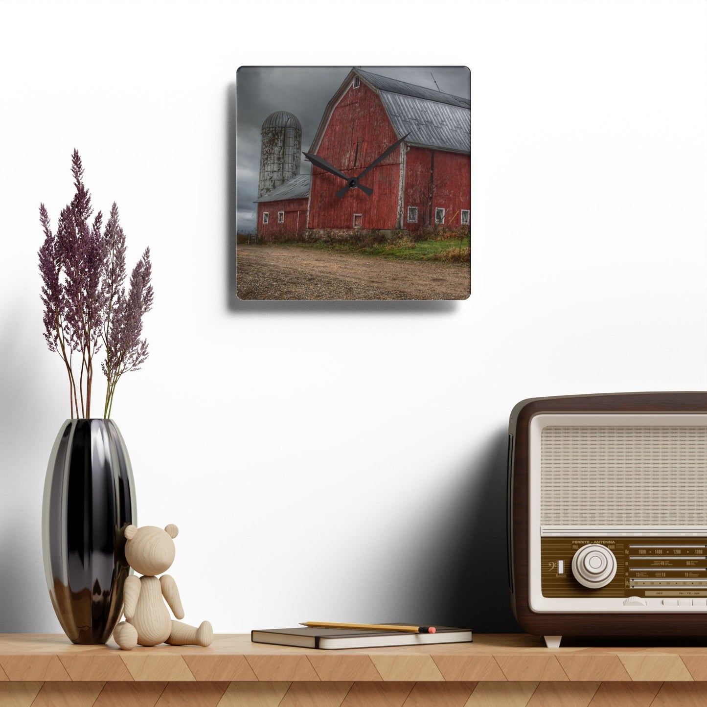 U R There Photography Stanley Road Reds Rustic Farmhouse Acrylic Analog Wall Clock
