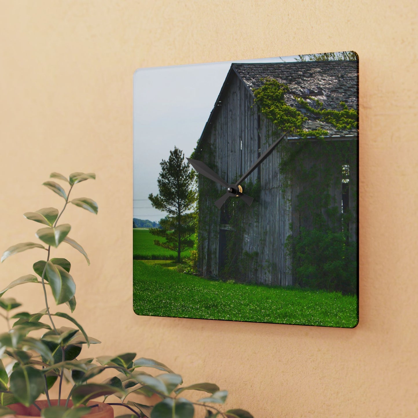 U R There Photography Caro Road Twin Grey I Rustic Farmhouse Acrylic Analog Wall Clock