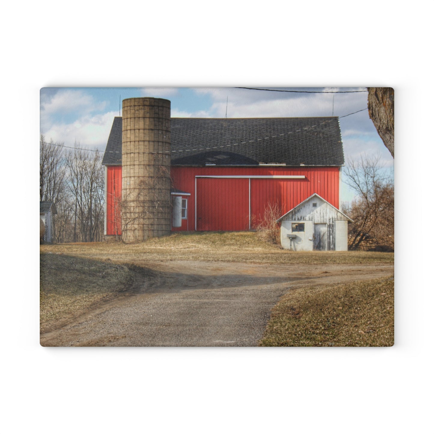 U R There Photography Mayville Road Red and Silo Rustic Farmhouse Tempered-Glass Cutting Board