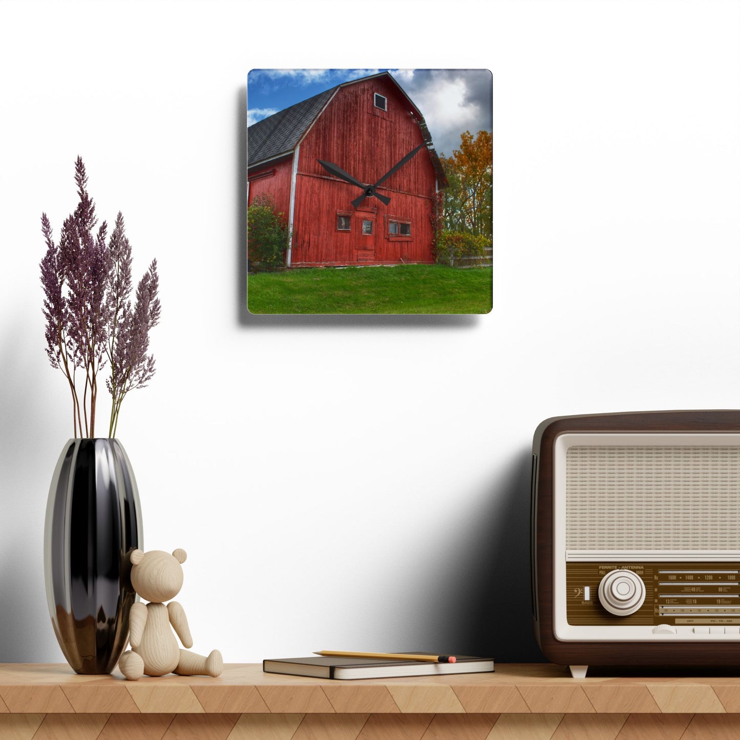 U R There Photography Hegal Road Old Red II Rustic Farmhouse Acrylic Analog Wall Clock