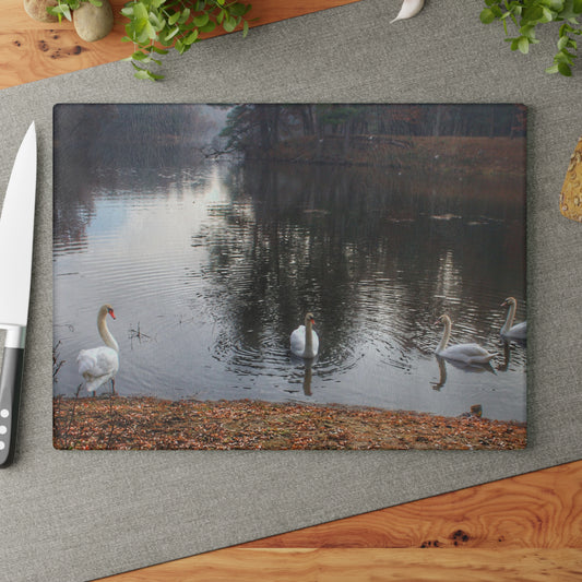 U R There Photography Swans of Duck Lake I Rustic Farmhouse Tempered-Glass Cutting Board
