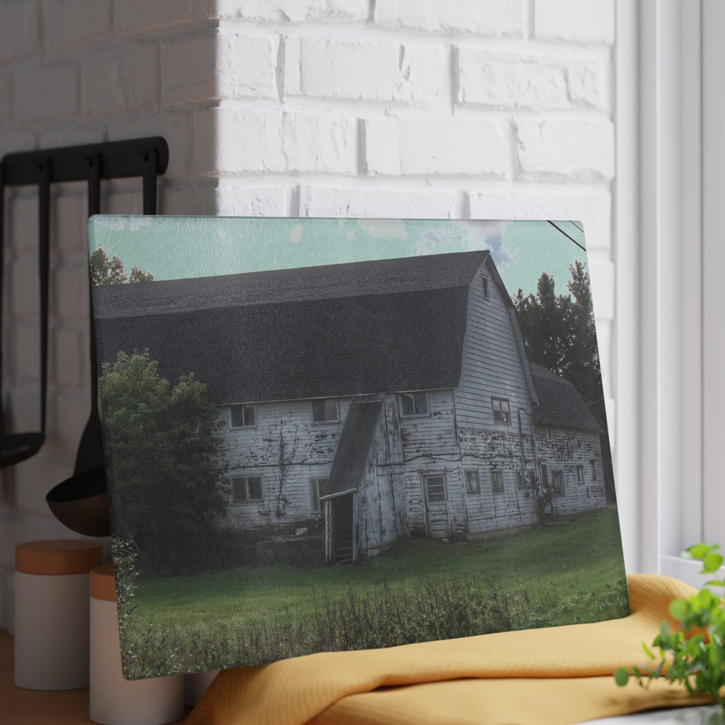 U R There Photography Metamora M-24 White Rustic Farmhouse Tempered-Glass Cutting Board