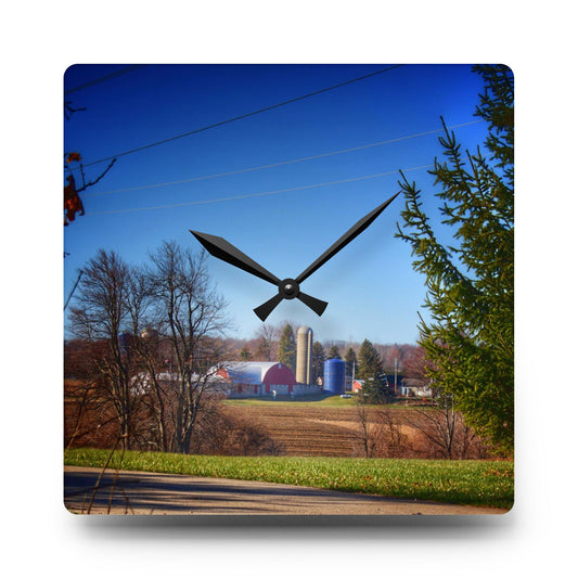 U R There Photography Across the Field on Brocker Road Rustic Farmhouse Acrylic Analog Wall Clock 10.75'' × 10.75'' (Square)