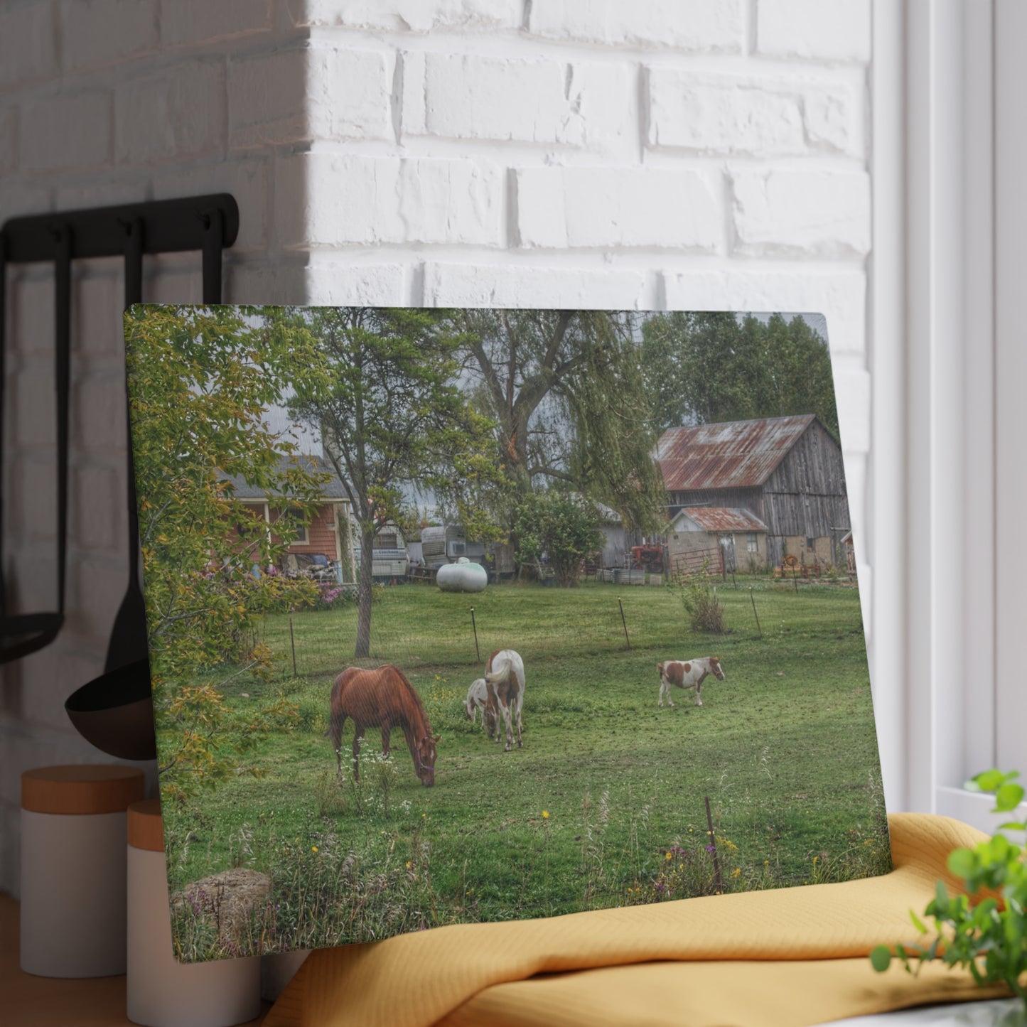 U R There Photography Front Yard Ponies Rustic Farmhouse Tempered-Glass Cutting Board