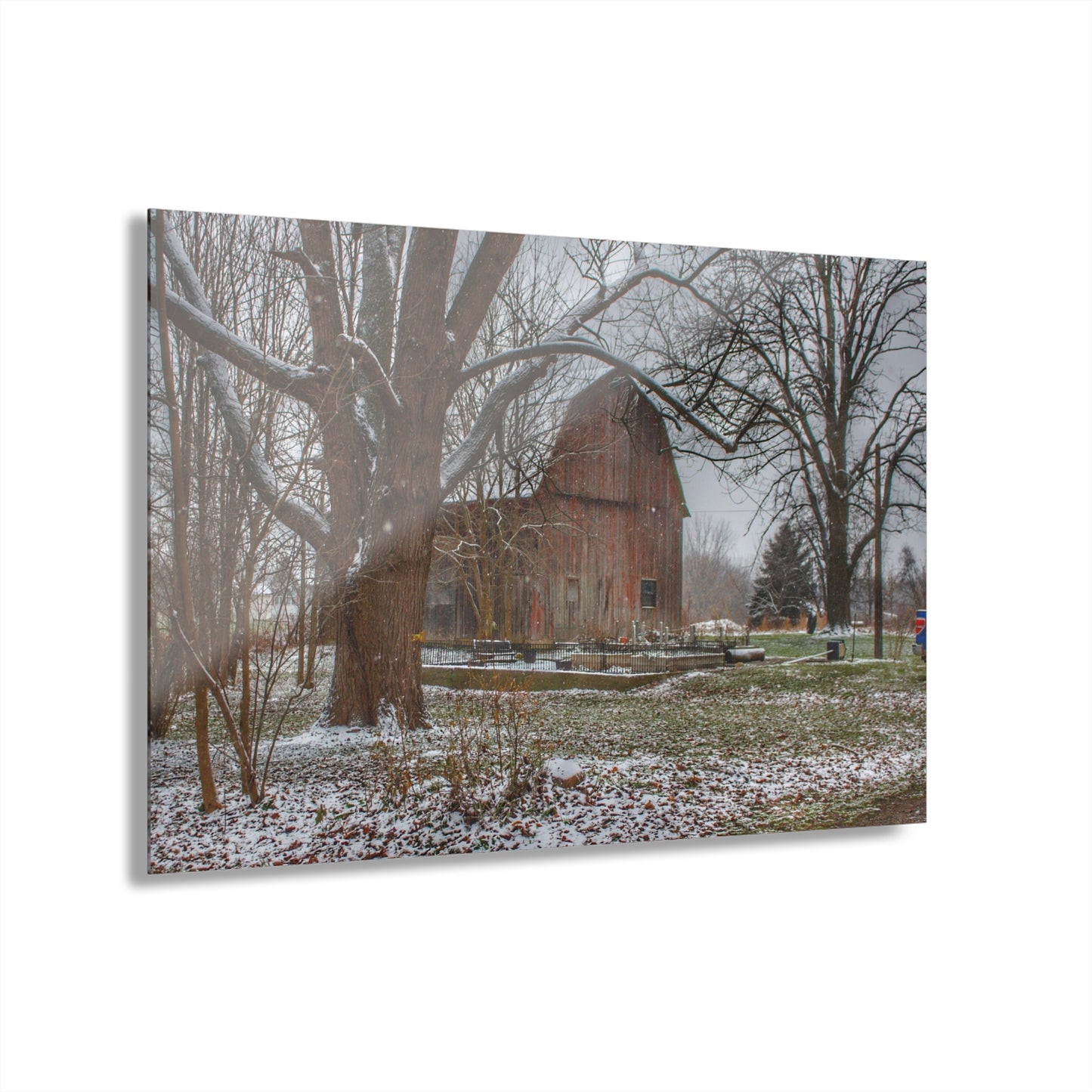 U R There Photography Bishop Road Winter Red Rustic Farmhouse Acrylic Wall Print