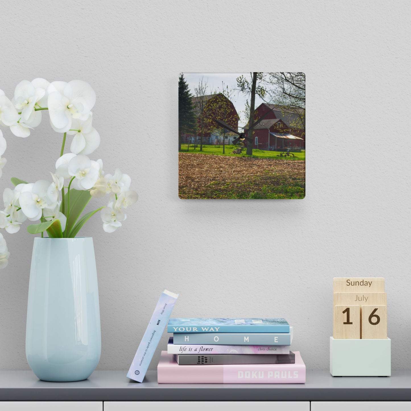 U R There Photography Bishop Road Reds III Rustic Farmhouse Acrylic Analog Wall Clock